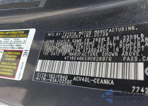 2009 Toyota Camry Le from USA, damaged, VIN 4T1BE46K59U828976